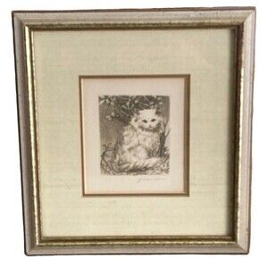 Yachiyo Naito Signed Cat Etching Framed Art 14x16" Vintage Japan Feline